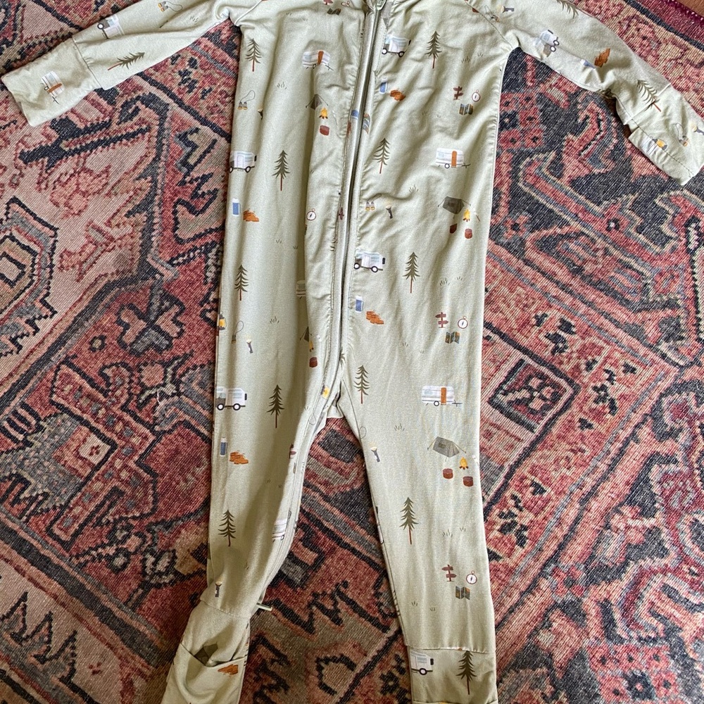Kids One Piece Pajama with fold over hands and feet - Camping print